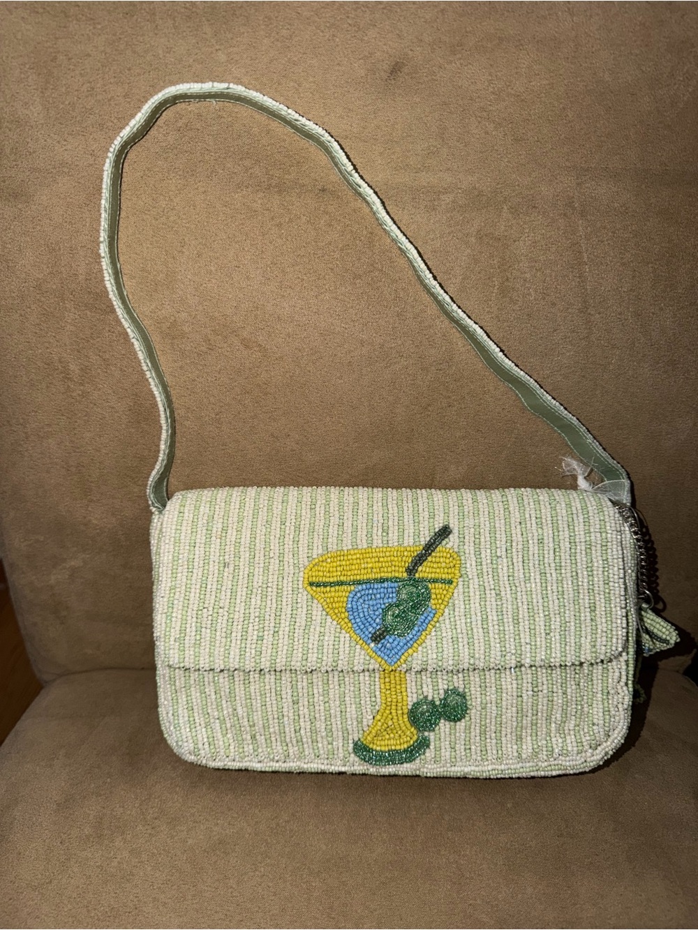 Beaded Cream and Light Green Cocktail Shoulder Bag